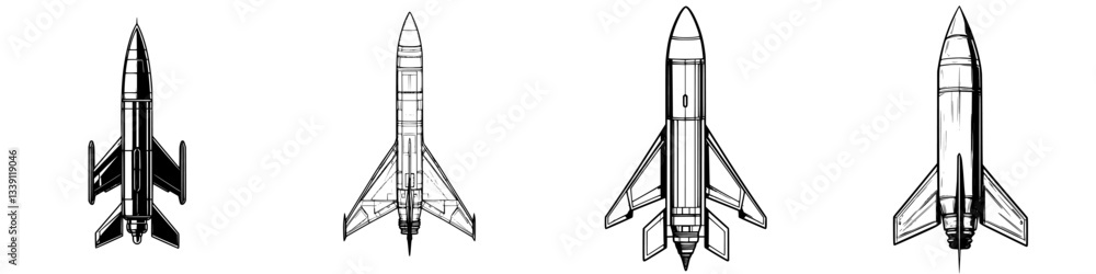 Poster sketches of various rocket designs showcasing different stages of development and engineering concep