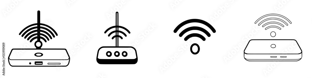 Poster wireless technology symbols illustrating connectivity options and devices in a minimalist design
