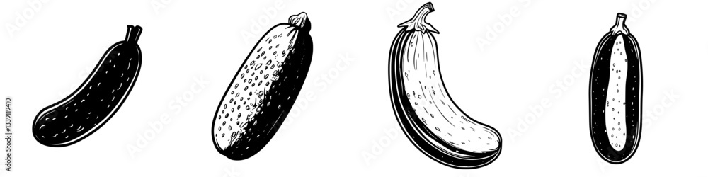 Poster variety of cucumbers displayed in black and white sketch style on a plain background