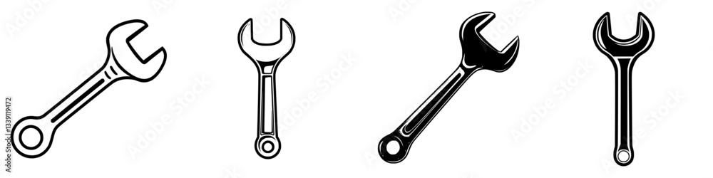 Poster collection of various wrench designs showcasing different styles and features for mechanical applica