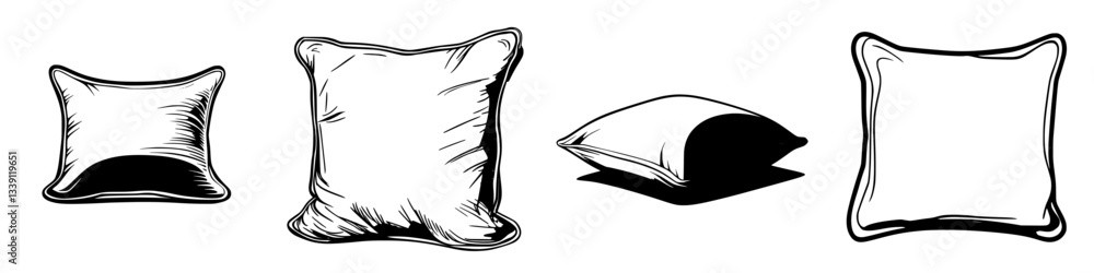 Poster pillows in various shapes and sizes displayed on a white background with different textures and soft