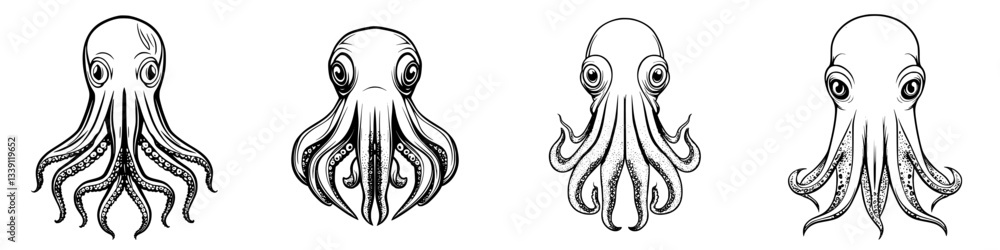 Poster illustrations of various octopus characters showcasing diverse expressions and styles in a monochrom