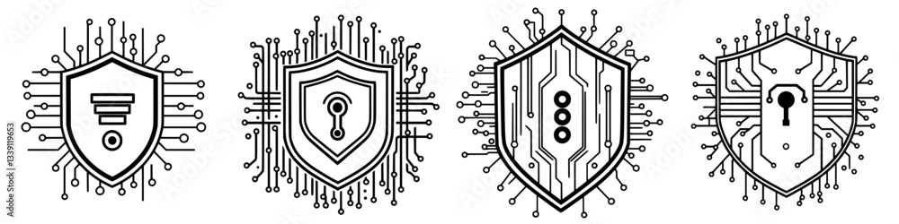 Poster collection of four cybersecurity shield icons with circuit patterns representing digital protection 