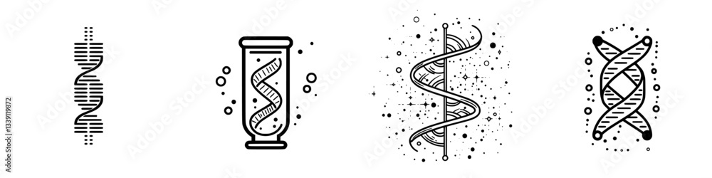 Poster illustration showcasing various styles of dna structures and representations in a scientific context