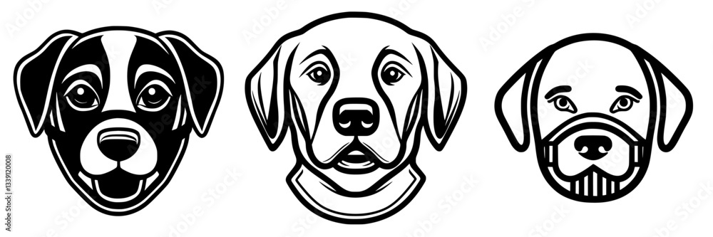 Poster three distinct dog illustrations showcasing different breeds with unique features and expressions in