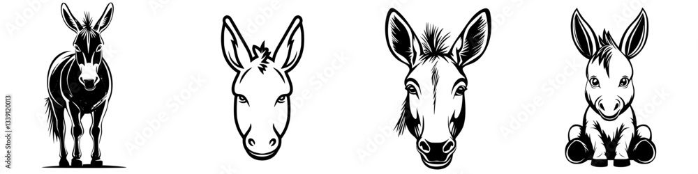 Poster illustrations of donkeys in various poses showcasing their unique features and expressions