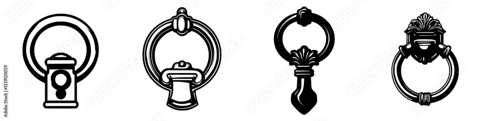 Poster decorative door knockers displayed in a line showcasing various styles and designs for entryways