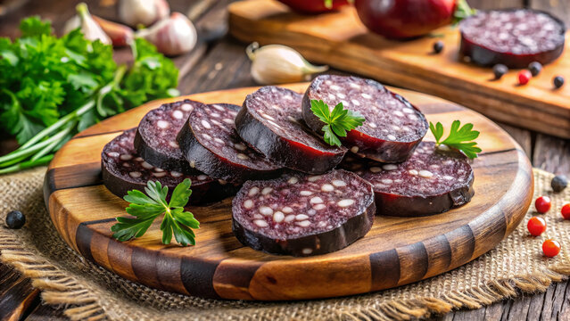 Sliced black pudding displayed on a wooden board with garlic and herbs