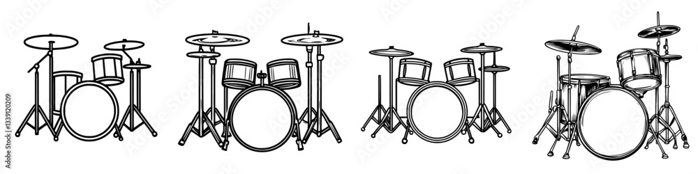 Poster various drum kit designs displayed in an artistic style featuring different configurations and sizes
