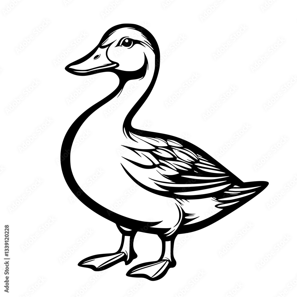 Poster duck standing gracefully in a natural setting with soft features and detailed feathers during a calm