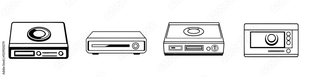 Poster various models of optical disc players displayed on a clean, minimalistic background showcasing thei
