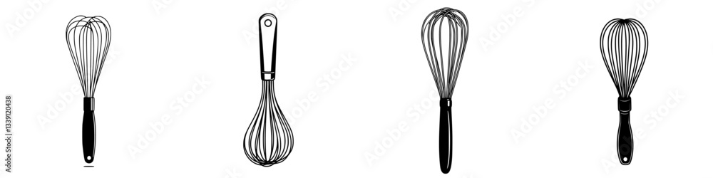 Poster different styles of whisks displayed in a row showcasing their unique designs and functionality for 