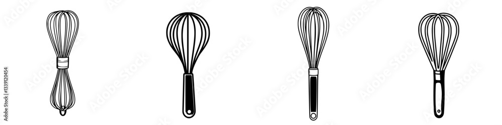 Poster different styles of whisks used in cooking and baking displayed against a plain background for refer