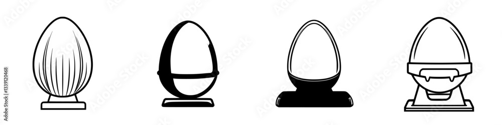 Poster decorative egg designs displayed on stands in a creative showcase highlighting various shapes and st