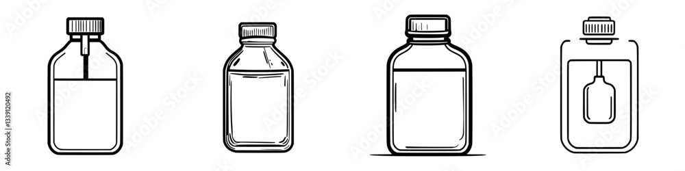 Poster collection of transparent bottles with different shapes and sizes arranged side by side on a plain b