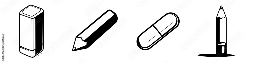 Poster sketches of various stationery items and a capsule with simple line art style in a minimalistic desi