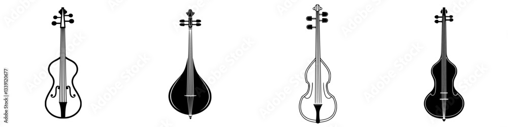 Poster decorative representations of string instruments displayed in a row against a plain background durin