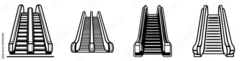 Poster different designs of escalators displayed in a public space showcasing various styles and functions 
