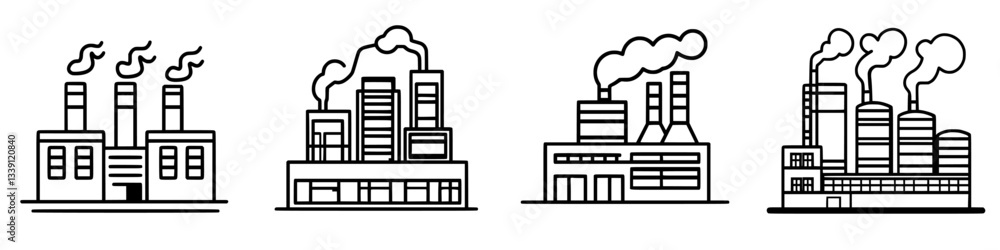 Poster industrial building designs showcasing various factory structures and smokestacks in a minimalistic 