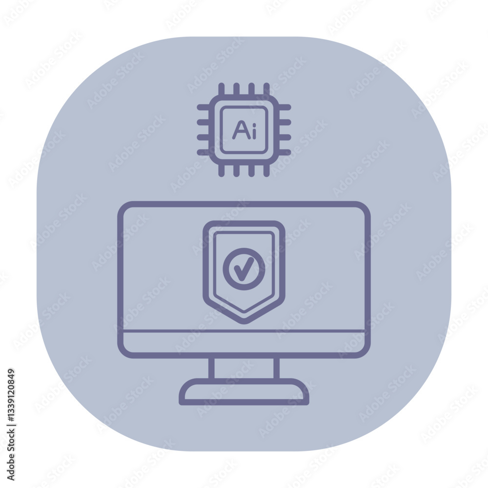 Poster line icon of computer monitor with security shield. above it, microchip labeled ai representing arti