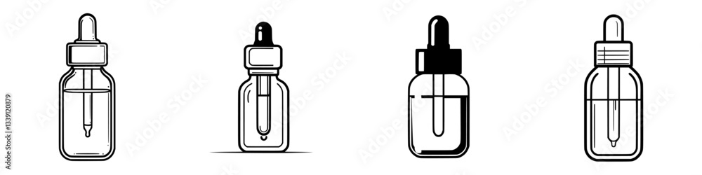 Poster different designs of dropper bottles showcasing unique shapes and features in a creative layout