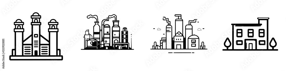 Poster industrial buildings and structures displayed in simple black line art, showcasing various designs a