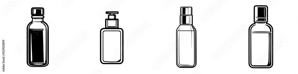 Poster various cosmetic bottles displayed on a plain background showcasing different shapes and sizes in a 