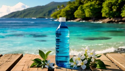 A blue plastic water bottle with a white cap sits on a wooden dock overlooking a body of water.