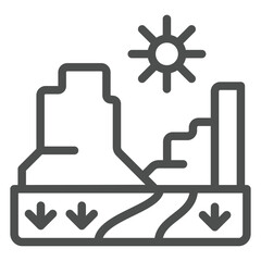 Grand canyon with sun line icon, west desert concept. Vector graphics. American valley landscape sign on white background, outline style icon for mobile or web design.