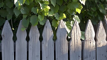 Fototapeta premium Wooden Fence Against Lush Green Leaves, Natural Contrast with Textured Panels and Sunlight Shadows