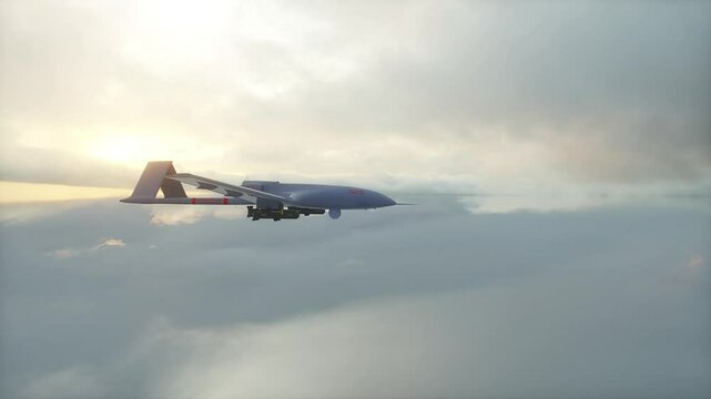 Military Predator Drone Flying over clouds. Realistic 4k animation