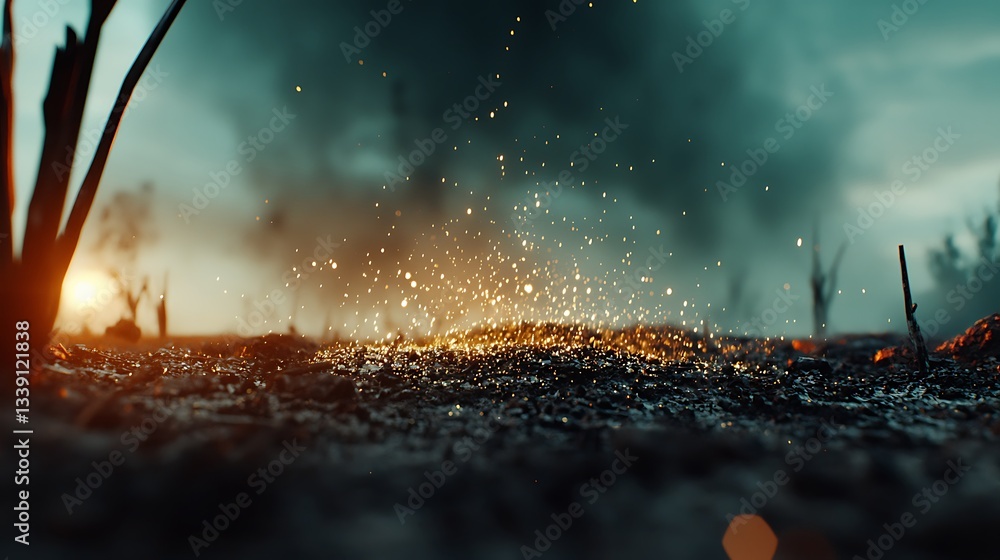 Poster Glimmering Particles Floating Above Charred Ground with Dramatic Smoky Sky and Distant Light Source