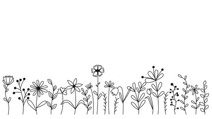 Doodle sketch style wild flowers banner. Floral border with wild herbs, meadow flowers and grass blades. Ink botanical outline natural rustic edge, vector graphics