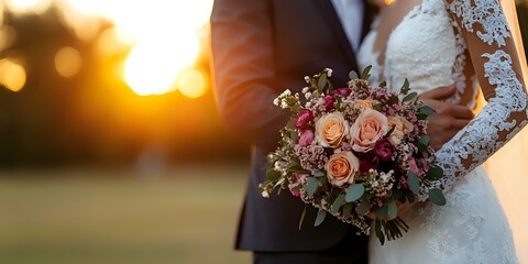 Romantic wedding couple holding peach and burgundy rose bouquet with lace sleeve detail against golden sunset background, intimate outdoor ceremony moment.