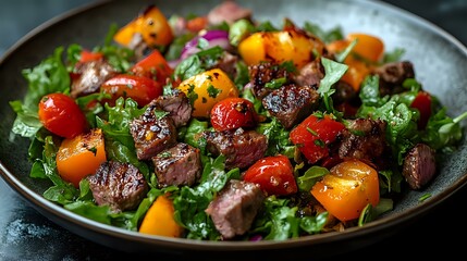 Fresh grilled beef chunks with colorful cherry tomatoes, yellow bell peppers and green herbs on dark plate, close up view of warm meat salad.