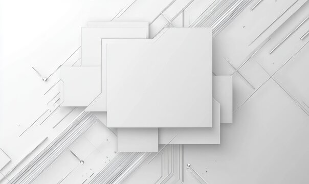 Abstract geometric shapes, clean white design, overlapping squares and lines.  Modern, minimalist aesthetic