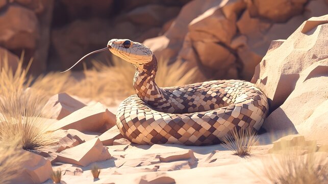 A Detailed Low Poly Illustration of a Rattlesnake Representing Ophidiophobia Amidst an Arid Desert Landscape