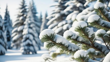A close-up shot of pine tree branch covered in snow with a blurred forest in the background, evoking the cold winter season