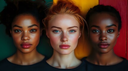 Diverse female faces with striking features against vibrant background showcase natural beauty, confidence and inclusivity in modern portrait photography.