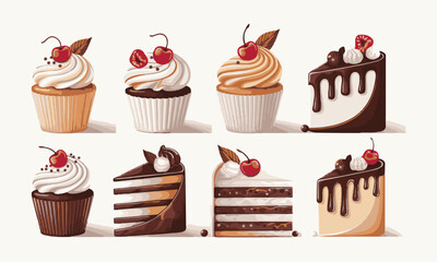 Modern vector-style dessert featuring cupcakes and slices of cake, easily editable.