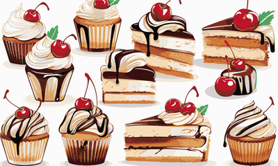 Modern vector-style dessert featuring cupcakes and slices of cake, easily editable.