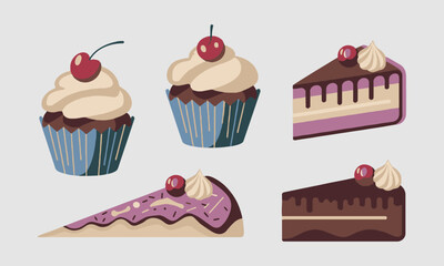 Modern vector-style dessert featuring cupcakes and slices of cake, easily editable.