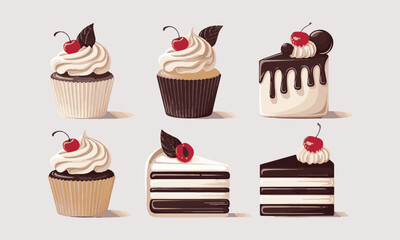 Modern vector-style dessert featuring cupcakes and slices of cake, easily editable.