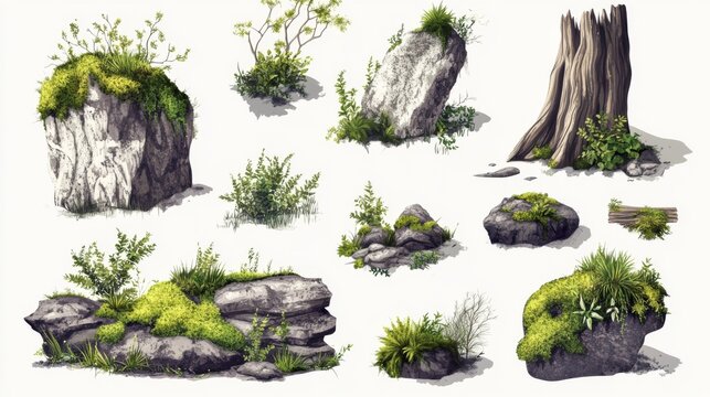Nature elements collection featuring mossy rocks and tree stump for botanical design