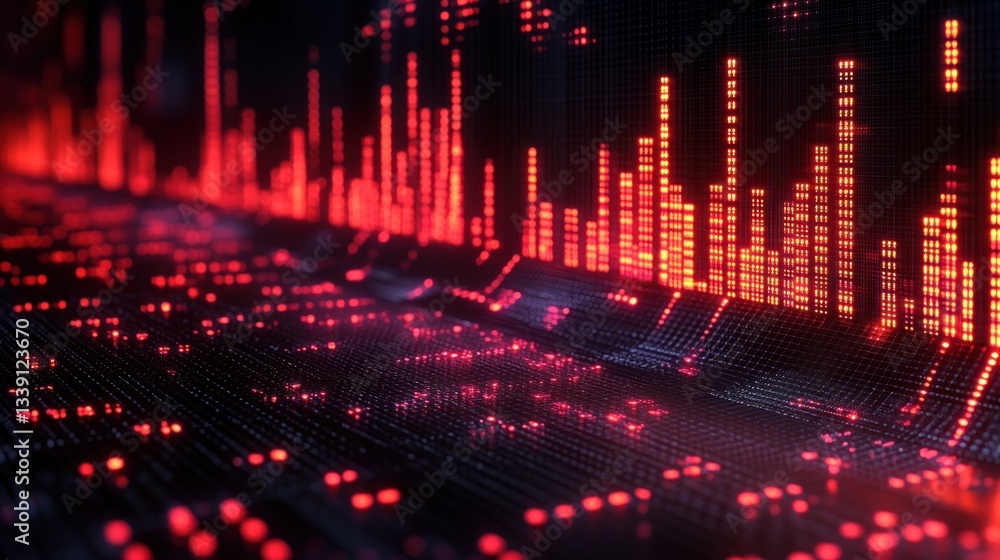 Poster abstract red glowing digital equalizer bars on dark background.