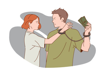 A woman and a man are connected by handcuffs, symbolizing financial dependence. The man holds money while the woman looks concerned. Flat vector illustration
