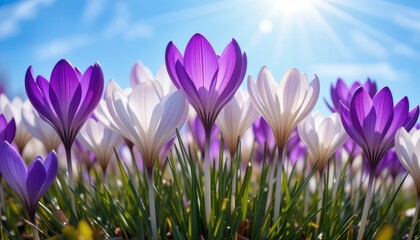 Blooming crocuses in a sunny meadow nature photography springtime vibrant colors