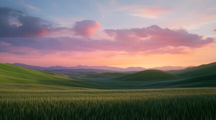 Fototapeta premium Experience the Magic of Sunset Over Rolling Hills: A Majestic Panoramic View of Nature's Canvas