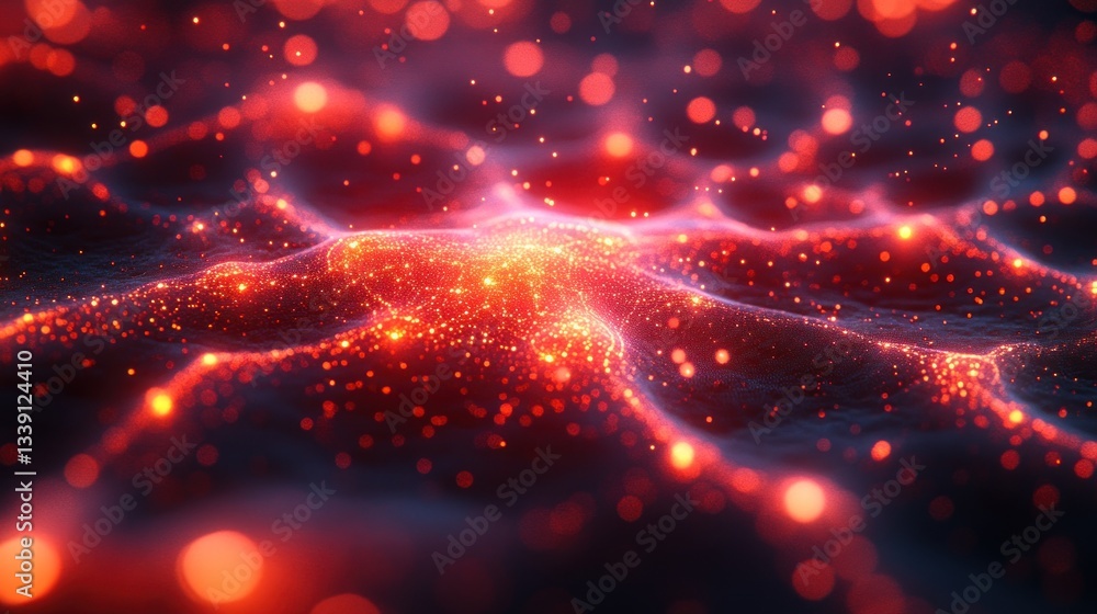 Poster abstract red glowing particles wave background.