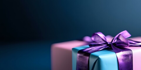 Elegant gift box wrapped in metallic paper with purple satin bow against dark background, creating festive holiday atmosphere for special occasions and celebrations.